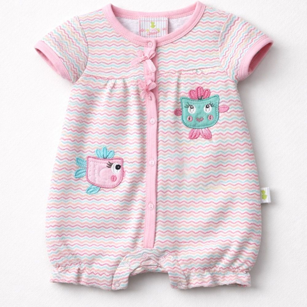 Duck Duck Goose Pink and Green fish appliqué cotton romper 3-6 months EUC
